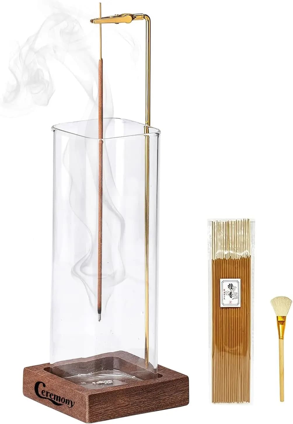 Incense Holder, Wooden Incense Holder for Sticks with Glass Ash Catcher, Anti-ash Incense Burner with 20 Incense Sticks and a As