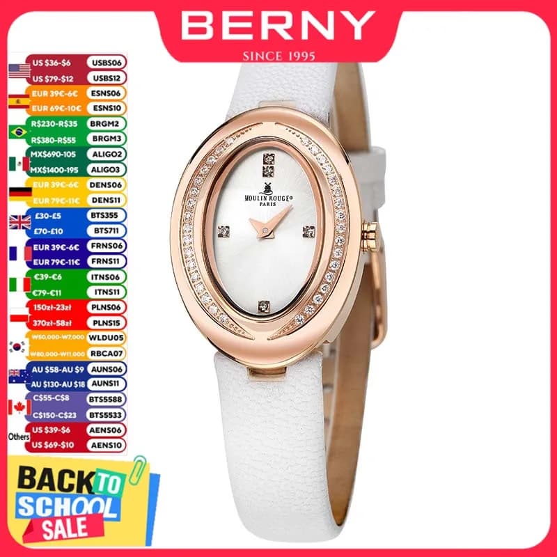 BERNY Oval Woman Watch quarzo giappone movimento cristalli orologio femminile cinturino in vera pelle Dropshipping orologio da polso impermeabile Lady