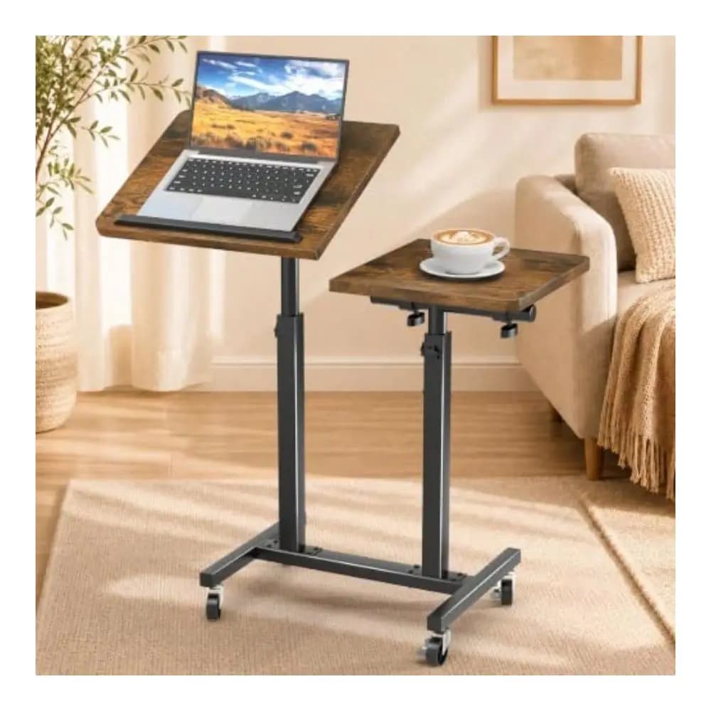 Laptop Desk With Wheels, DoublePole Portable Overbed Table Mobile Tilting Small Standing Desk, LargeSize Adjustable Height Comp