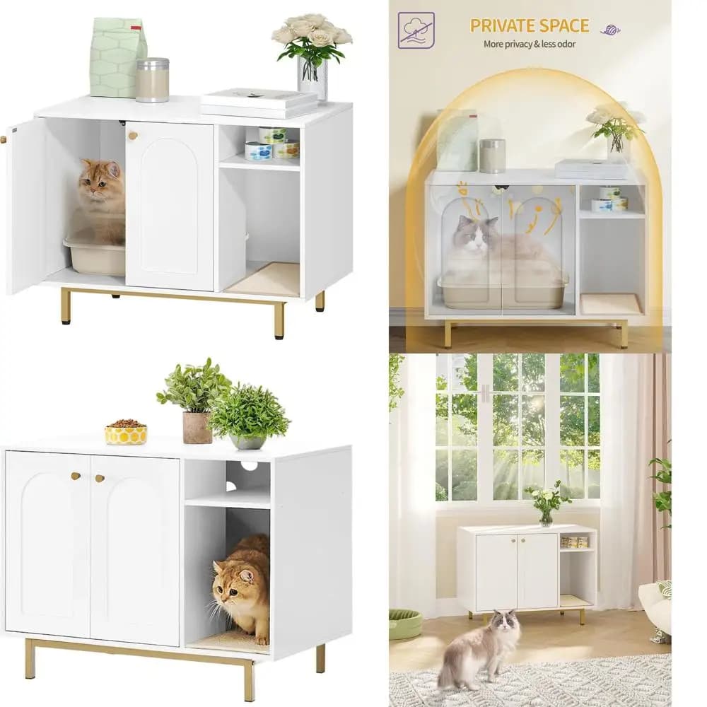 Cat litter cabinet with container, large wooden cat case, white and gold table for living room and entrance