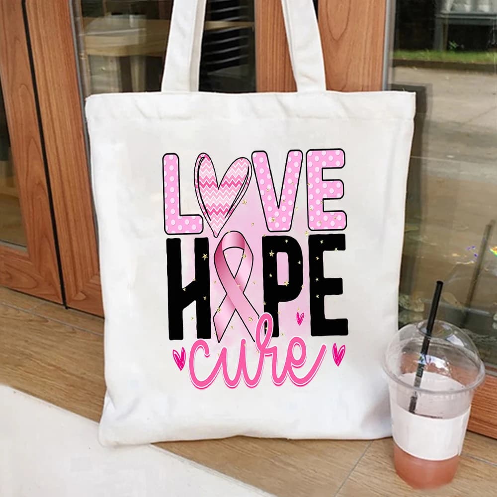 Love Hope Cure Pink Ribbon Dot Print Canvas Tote Bag Handbag For Breast Cancer Awareness Daily Shopping Use