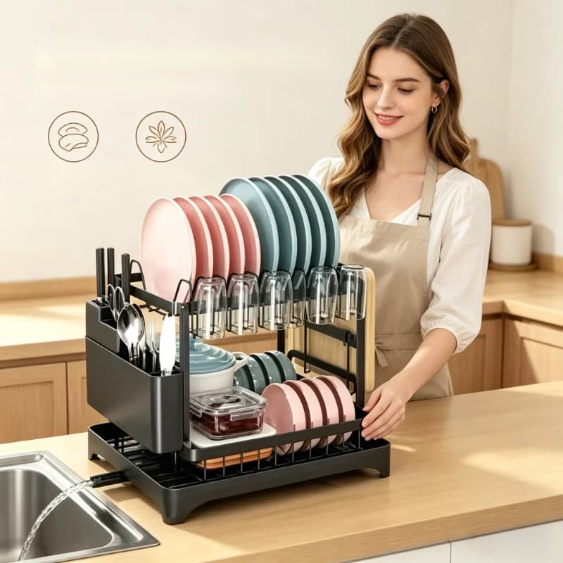 Scolapiatti Multifunzionale da Cucina, Organizzatore da Piano di Lavoro per Stoviglie con Portacoltelli e Cestello di Drenaggio