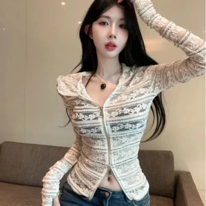 Cardigan con cappuccio in pizzo a righe da donna Felpa con zip trasparente dolce e sexy all'uncinetto Harajuku Y2K Top corto slim primavera autunno