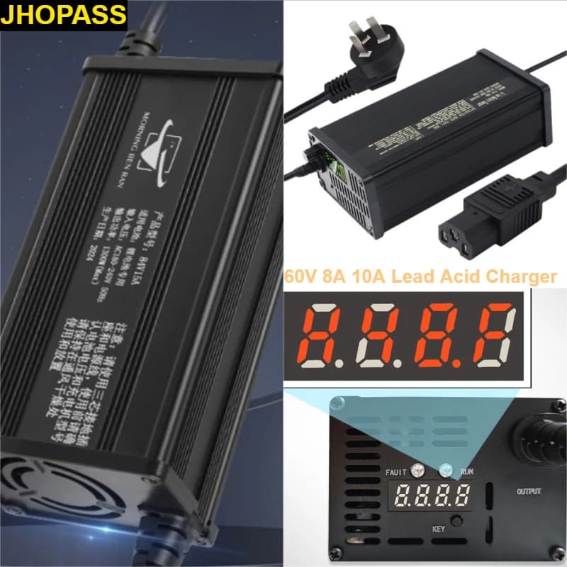 Smart LCD Charger 60V 8A 10A for 4-cycle AGM lead-acid batteries, NEV, EV, e-bike, car, with 110V or 220V plug (UK, US, EU, AU)