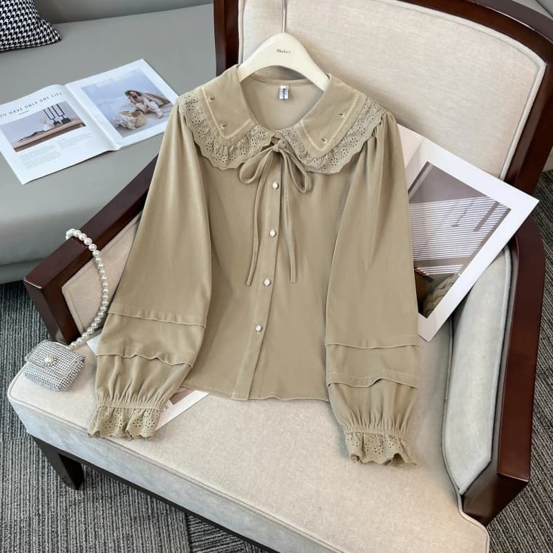 Camicia da donna taglie forti con colletto a balze e pizzo, manica lunga, cintura, alla moda, primavera autunno, top elegante e giovanile