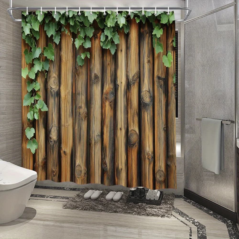 Tenda da doccia rustica in assi di legno: impermeabile, resistente alla muffa con design a vite verde per un ambiente bagno naturale e accogliente