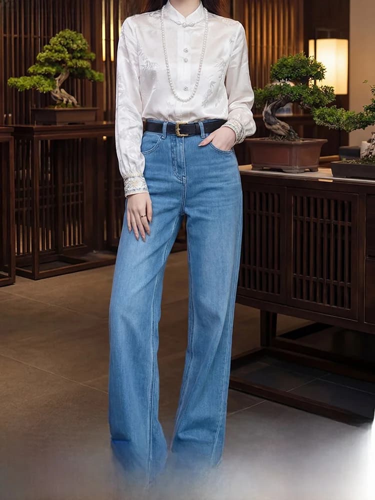 Jeans da Donna Slim Fit Stile Cinese, Vita Alta, Casual, Versatili, in Denim di Cotone, Multi-Tasca, Moda Primavera 2026