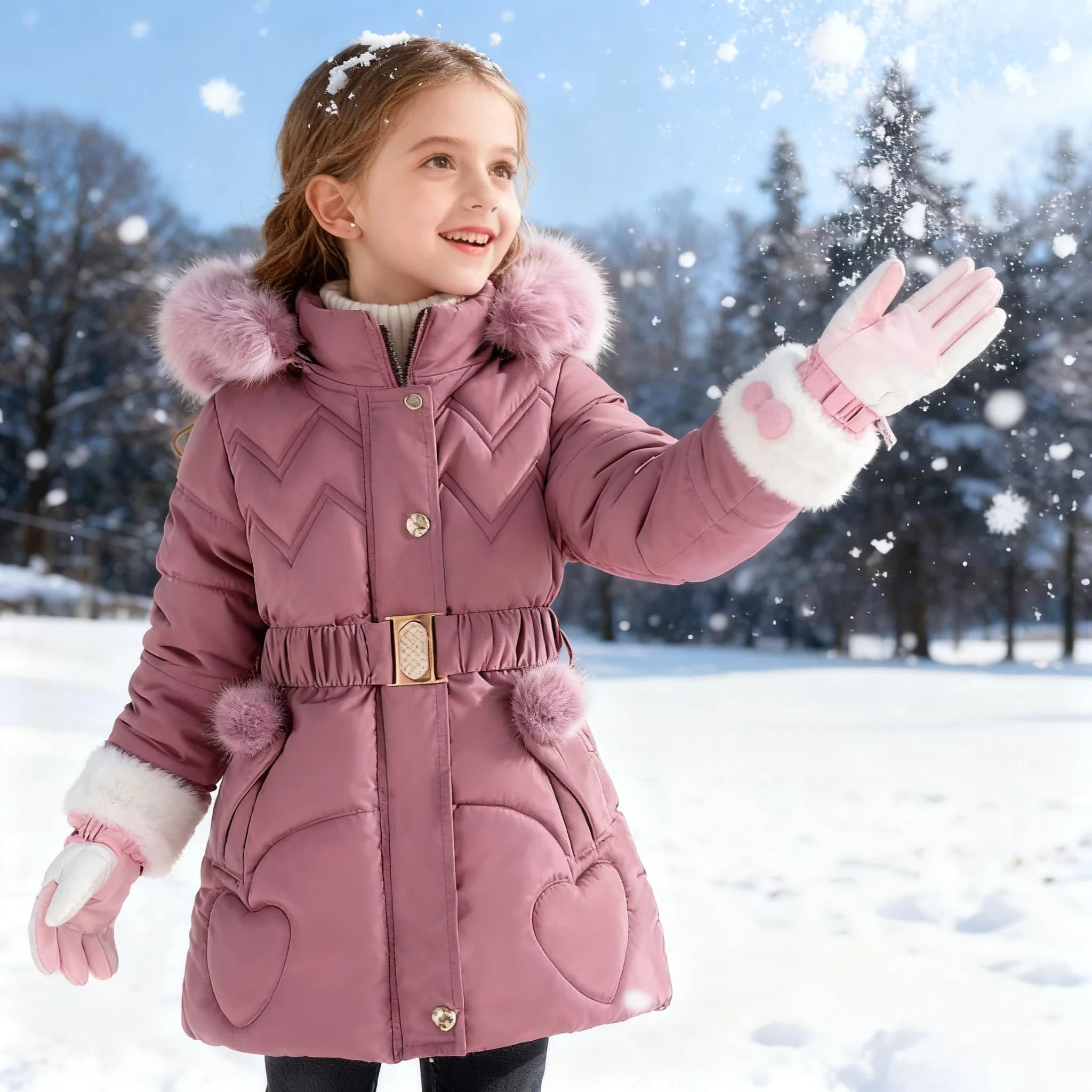 2025 Abbigliamento per Capodanno Cappotto invernale per ragazze Piumino da neve per bambini con cappuccio caldo con cintura in vita e tasche