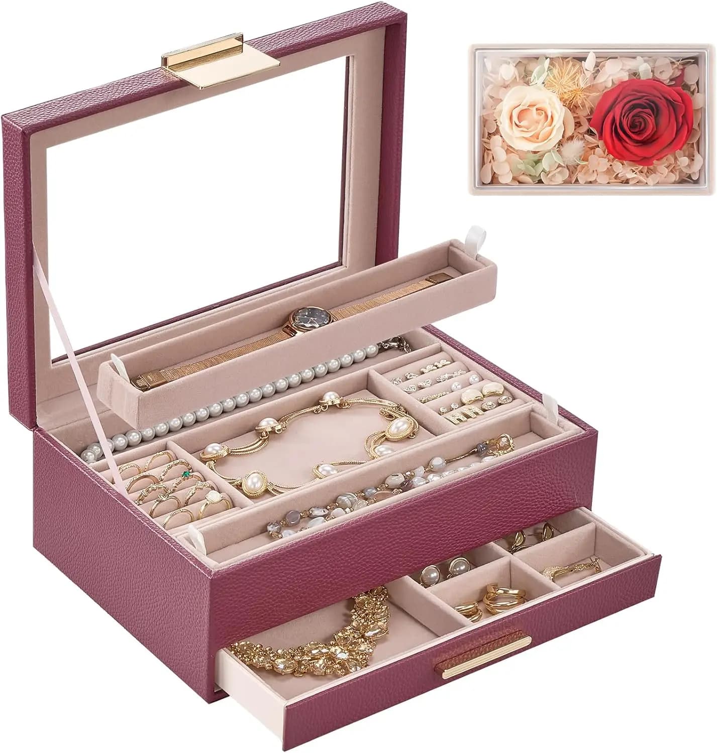 Jewelry Organizer with Glass Lid, 2-Layer Jewelry Box Case with Drawer, Earrings Watch Ring Display Storage -Wine Red