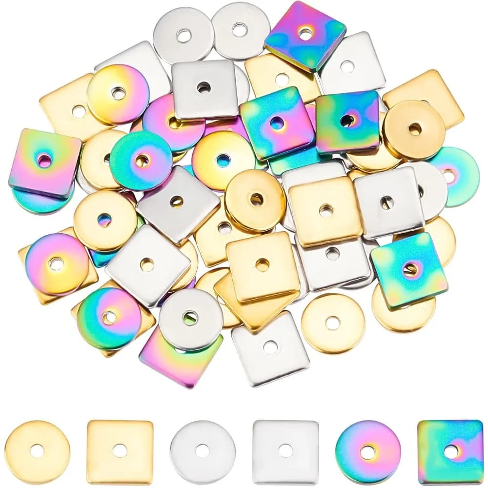60 pezzi 2 stili 3 colori perline distanziatrici in acciaio inossidabile piatto rotondo quadrato risultati perline perline sparse in metallo per braccialetti fai da te