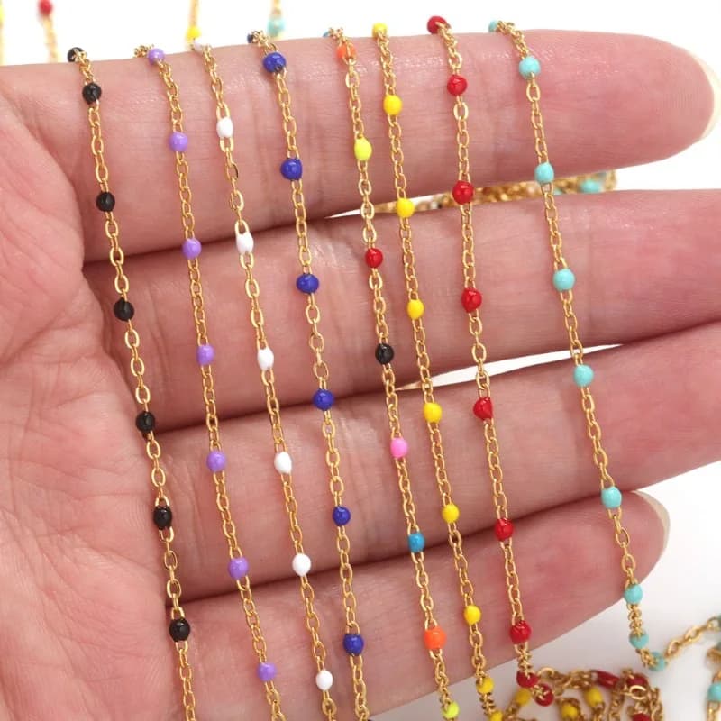 Cute Multicolored Gold Color Stainless Steel Enamel Beaded Chain for Jewelry Making Necklaces DIY Material Semi-finished Product