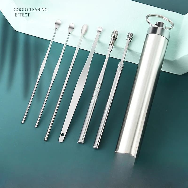 Strumento per la rimozione del cerume in acciaio inossidabile Set da 6 pezzi Paletta per orecchie rotante a spirale Detergente per orecchie portatile per una cura sicura dell'orecchio