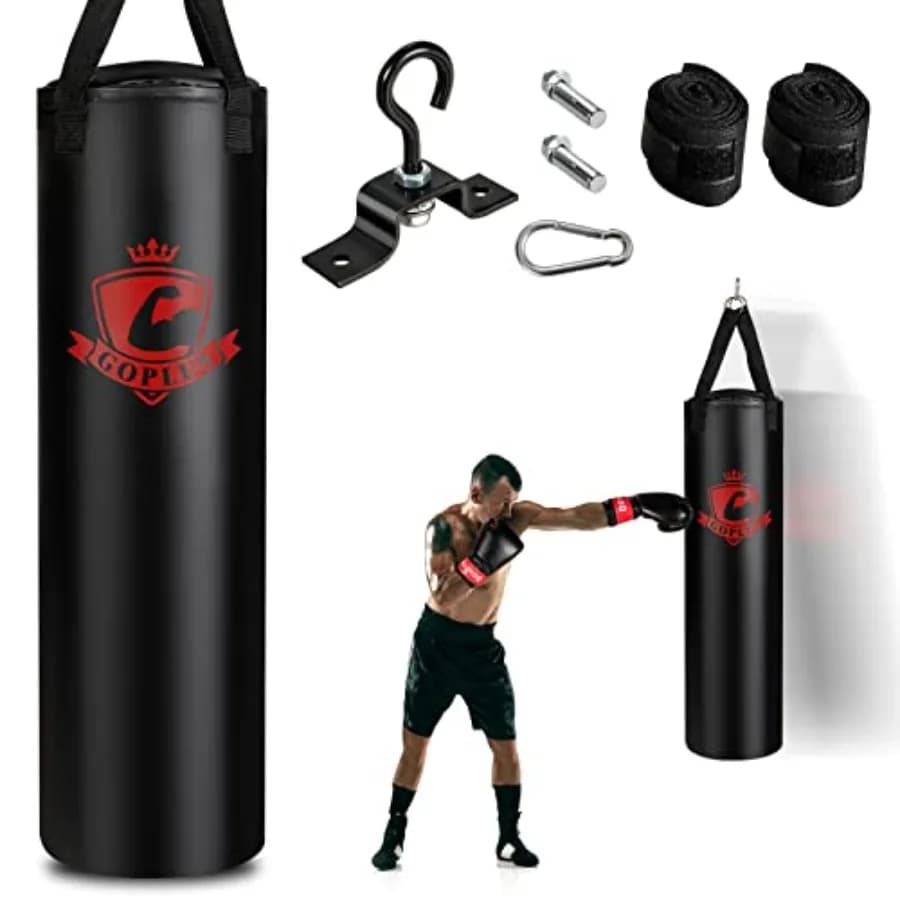 Set sacco da boxe per palestra domestica: sacco da 64 libbre (29 kg) con guanti da 12 once (340 g) e 95 fasce in vinile nero resistente per kickboxing, MMA, Muay Thai