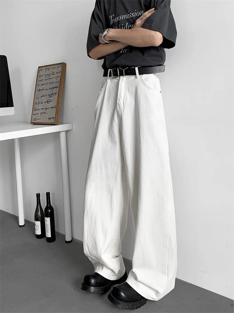 White Loose Fit Men's Jeans Straight Leg Casual Trousers American Style Washed Cotton Blend Summer Fashion Trend
