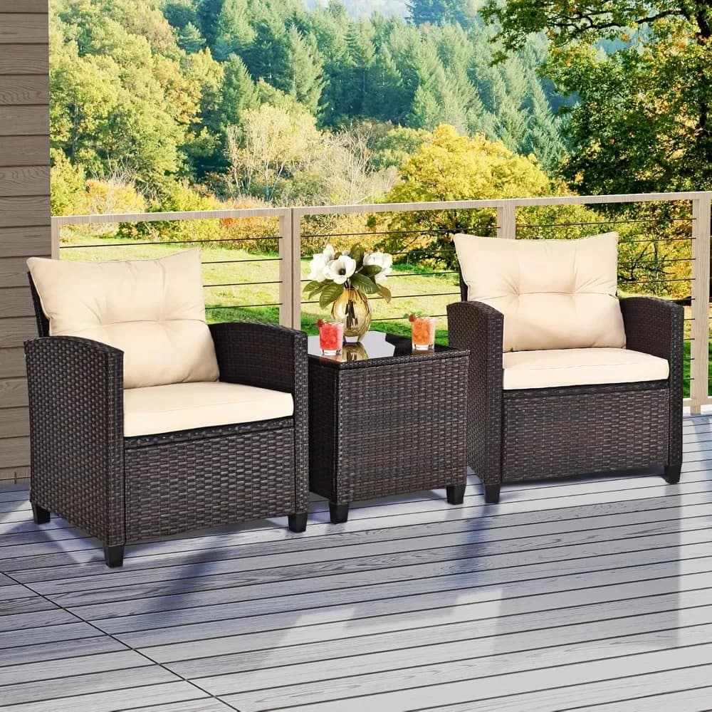 Garden furniture set in 3 pieces, outdoor conversation set in wicker, padded rattan chair, glass table