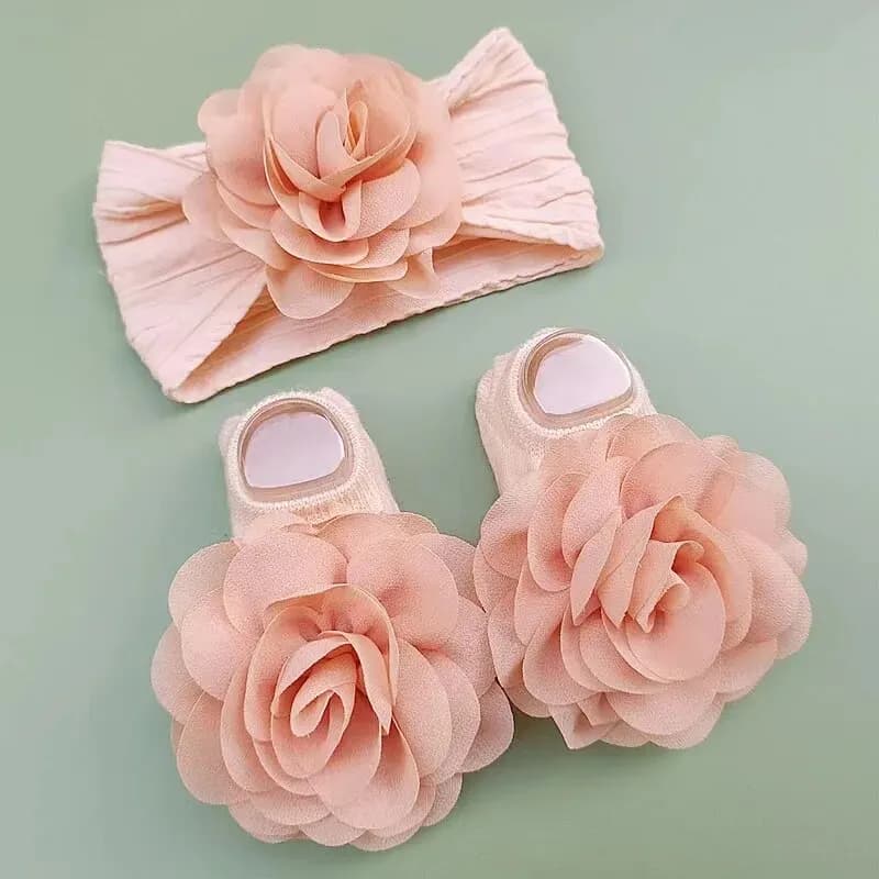 Calzini per bambini carini + fasce per capelli Set calzino in cotone antiscivolo Fiore di pizzo Fascia per capelli per neonato Turbante Accessori per capelli per ragazza