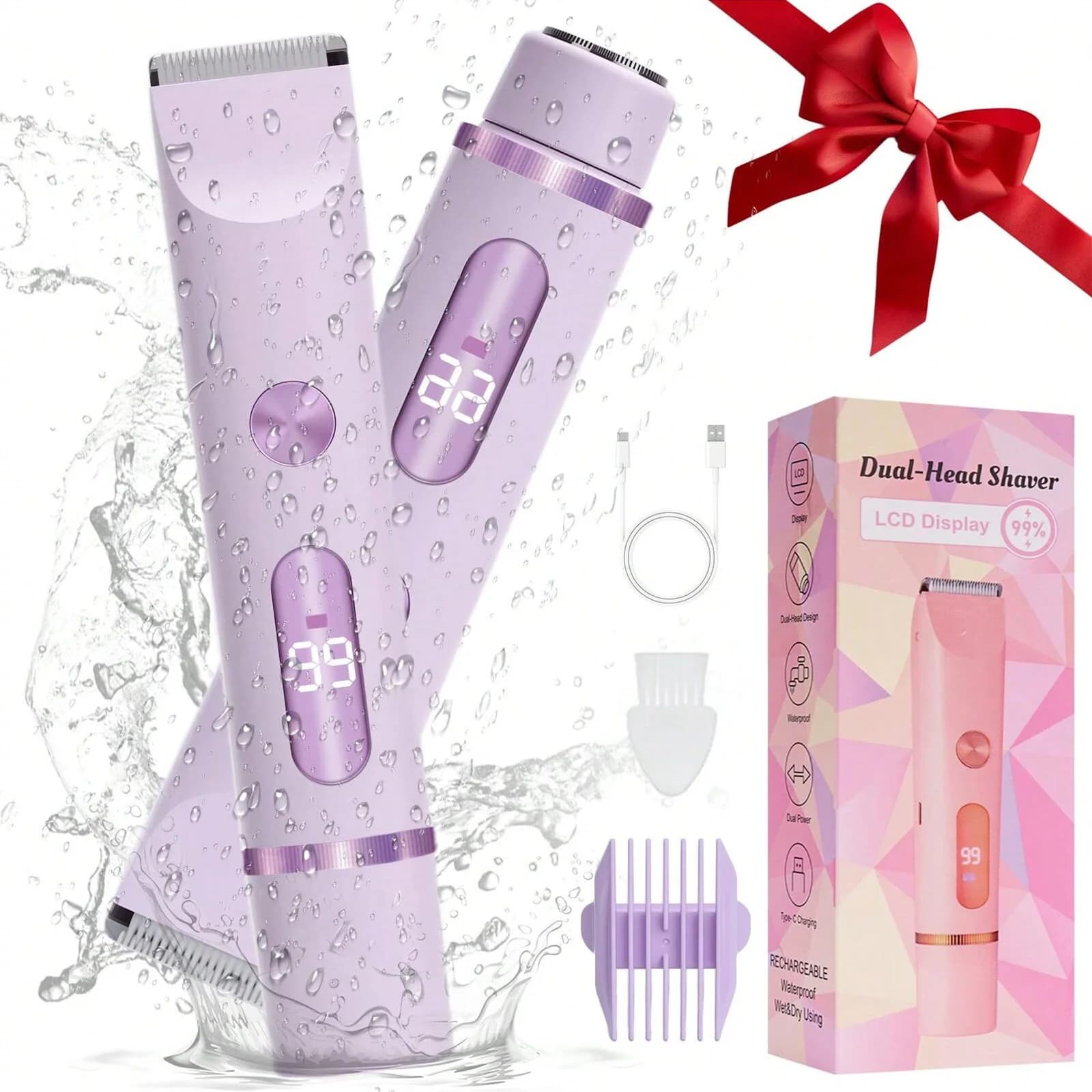 Rasoio Elettrico 2-in-1 per Donne, Trimmer a Doppia Testina per Peli Pubici, Ascelle, Gambe, Braccia, Viso