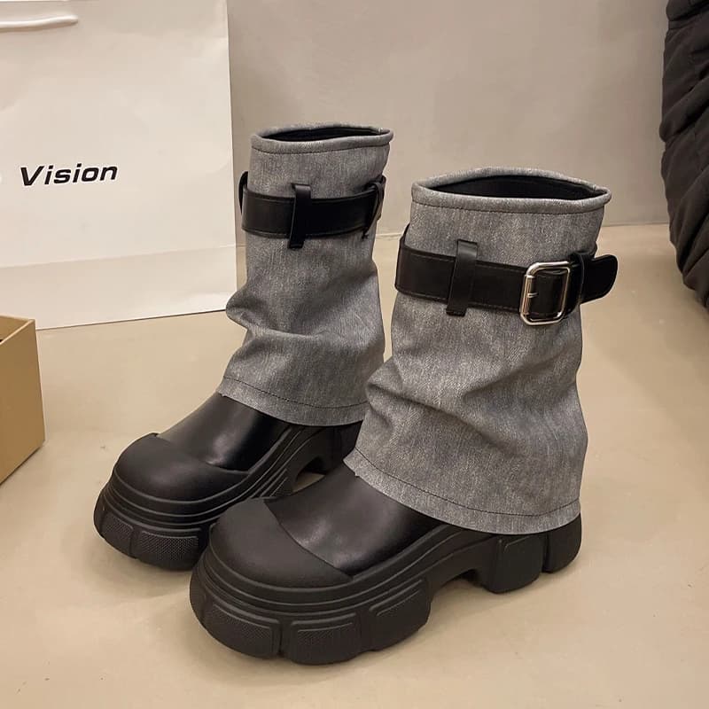 Stivaletti da donna in denim Scarpe basse con plateau Stivali Chelsea con fibbia firmata 2025 Scarpe da corsa sportive invernali Moda Botas corte