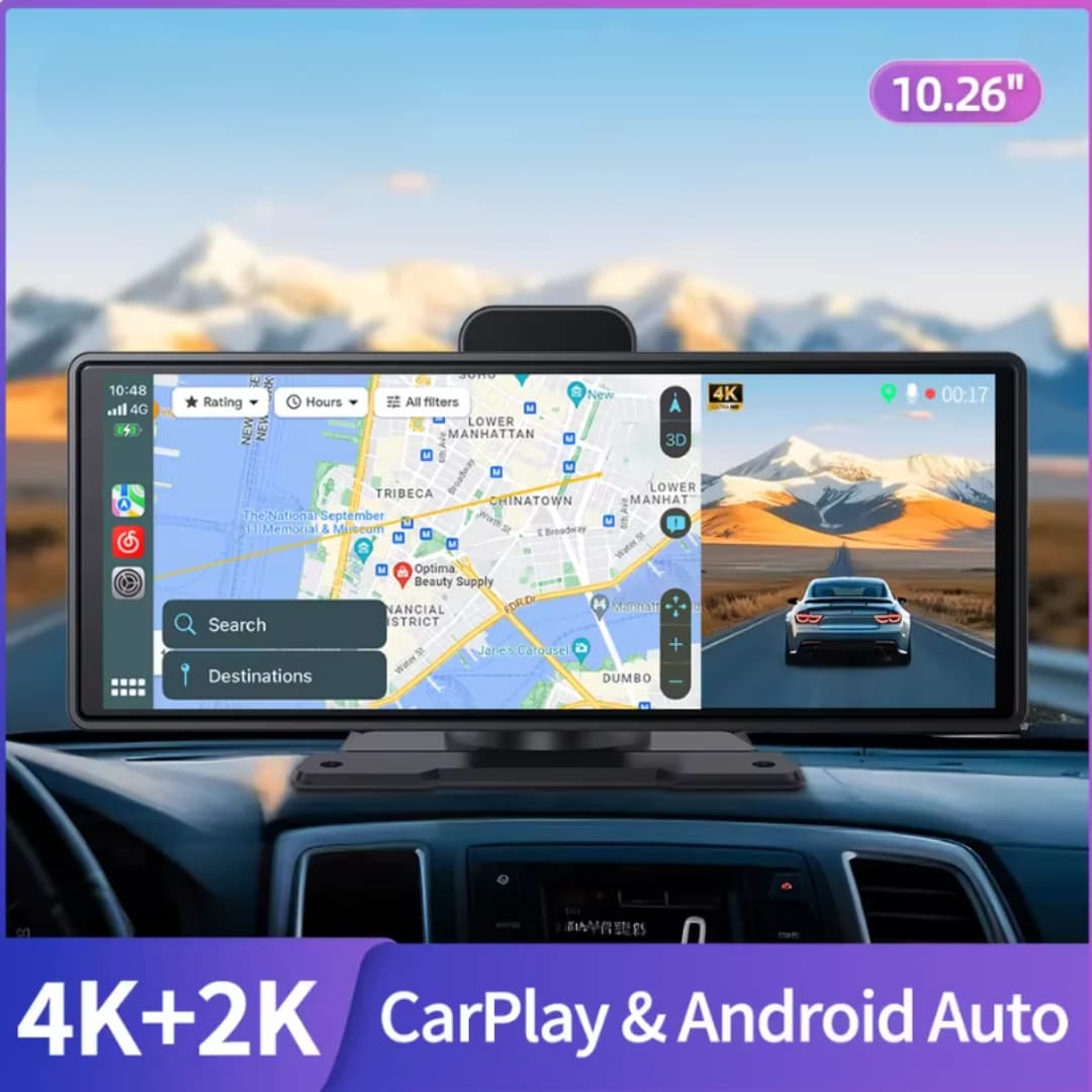 Dash Cam 10.26 Pollici 4K+2K 2160P con Telecamera Posteriore, Carplay e Android Auto, Navigazione GPS con Controllo Vocale, DVR Auto, BT, FM, Monitor