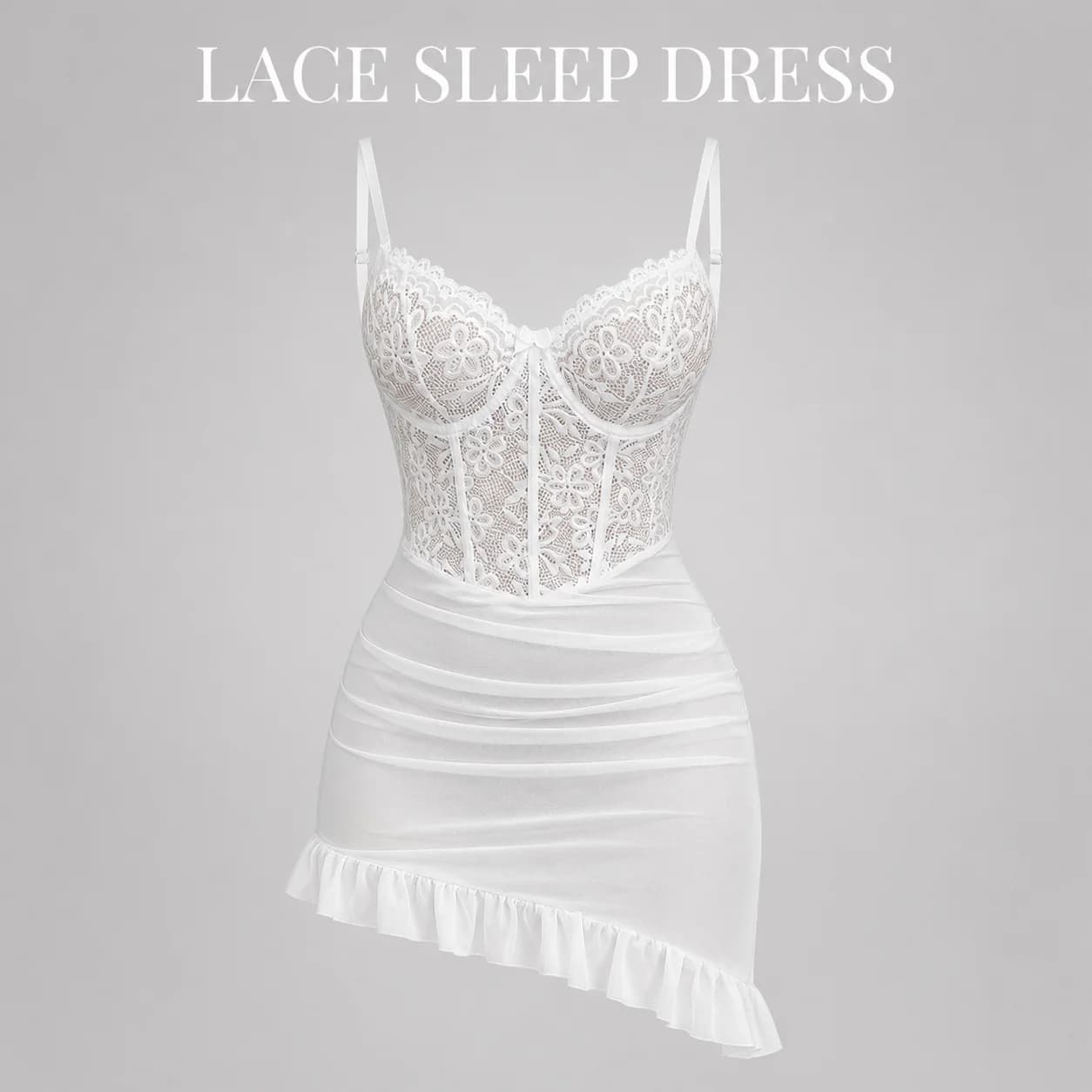 Women's Transparent Lace Lingerie Nightdress with Matching Panties, Ruched Ruffle Hem Babydoll Sleepwear, Four Colors S-XL
