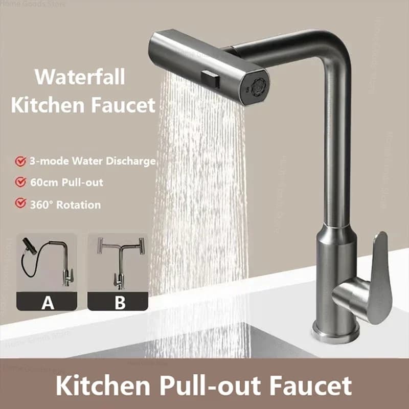 Rubinetti da cucina a 3 modalità Rotazione estraibile Cascata Spruzzatore a flusso Testa Lavello Miscelatore Rubinetto per lavabo monoforo caldo freddo