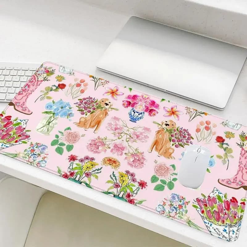 Tappetino per mouse da gaming FasTech Floral Puppy, tappetino da scrivania rettangolare antiscivolo per l'organizzazione di postazioni da gaming in casa e in ufficio
