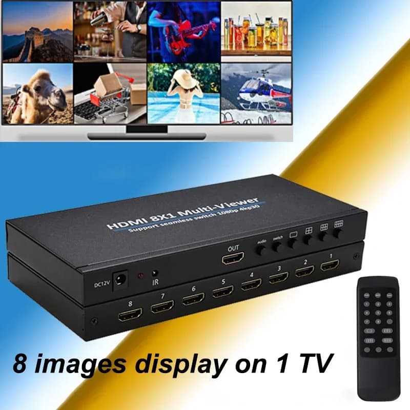4K 8x1 HDMI Multiviewer 1080p Quad Screen Multi Viewer 8 in 1 Out Seamless Switch Screen Splitter for PS4 Camera PC TV Projector