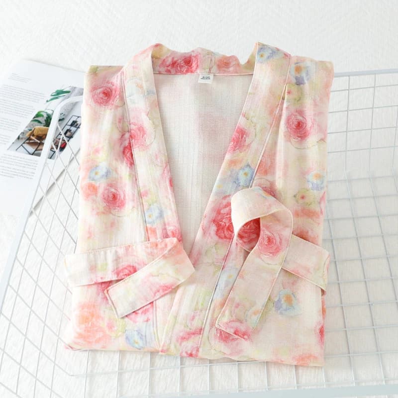 Abito da donna in puro cotone con stampa rosa, abito kimono, accappatoio da doccia traspirante, intimo sexy in stile giapponese, indumenti da notte