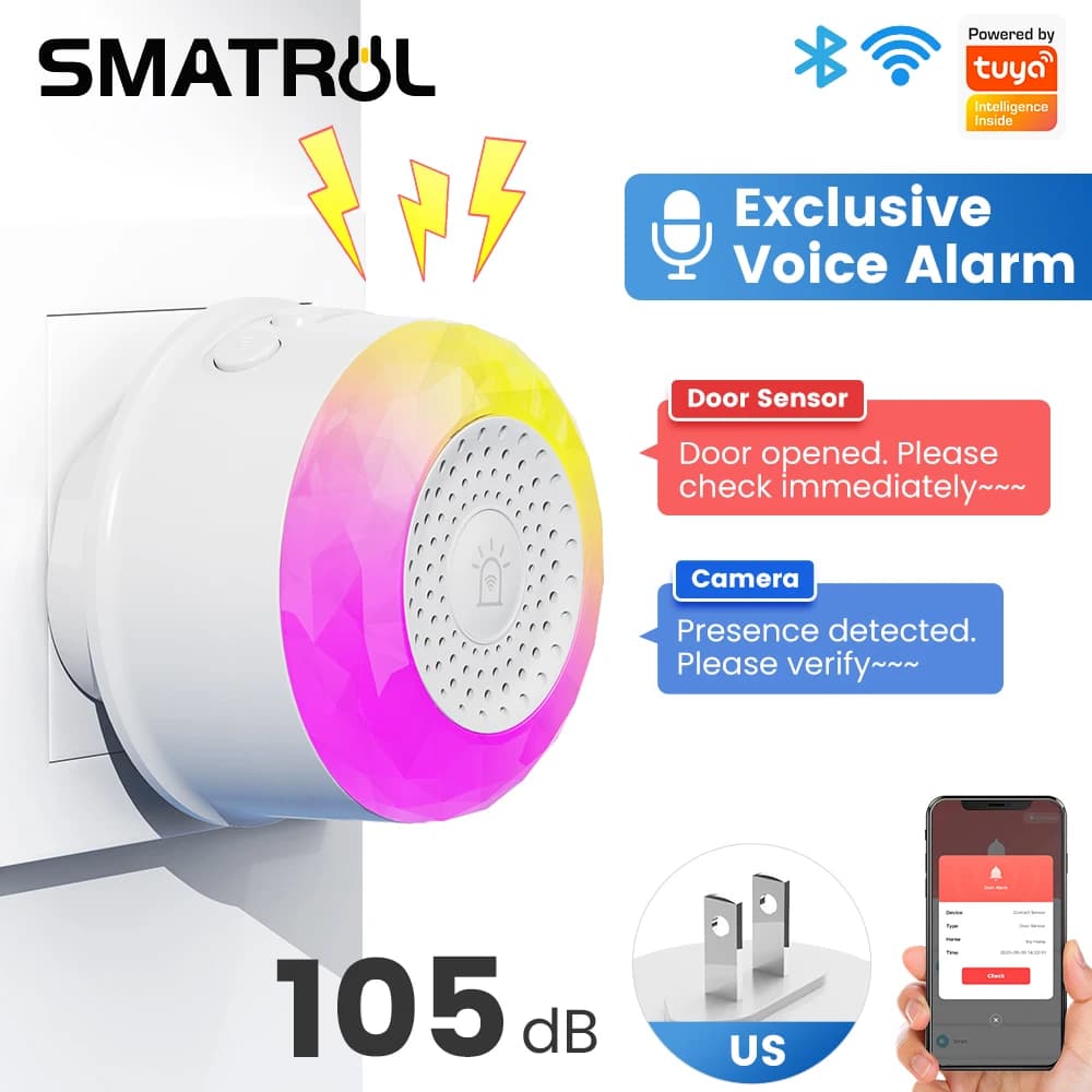 Sound Alarm Sensor and Bright WiFi SMATRUL Tuya with EU/US/UK Plug for Smart Life App Control, Door/Finest Sensor, Camera, Motion Detector