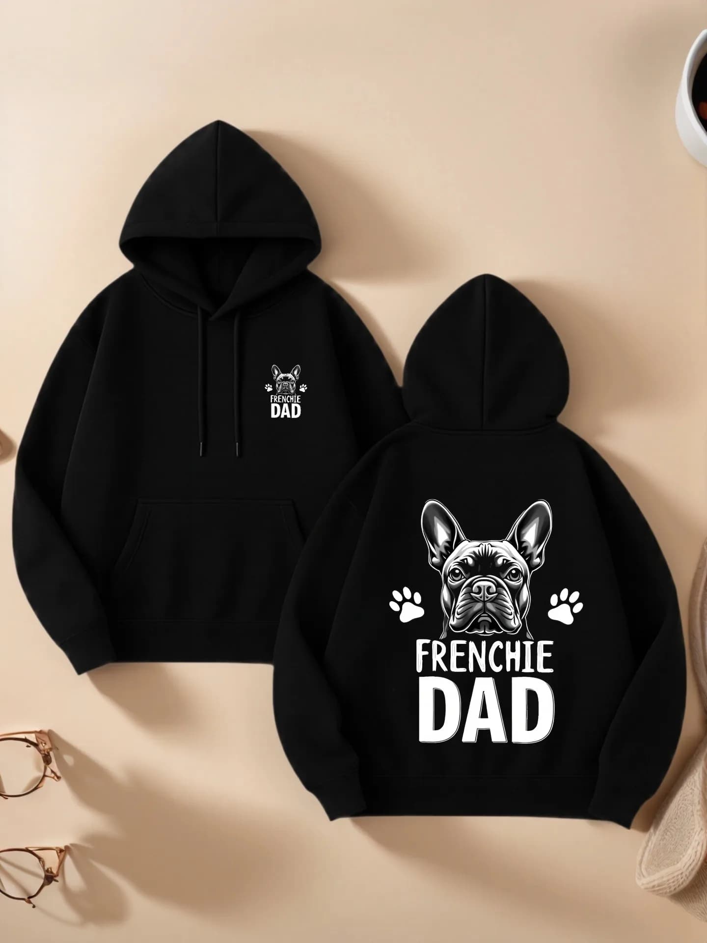 Felpa con cappuccio grafica, stampa Frenchie Dad, design estetico casual, tessuto morbido, abbigliamento casual quotidiano, per uomo