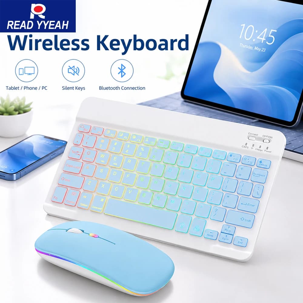Nuova tastiera e mouse wireless Bluetooth ultra sottili e portatili con retroilluminazione RGB a 7 colori per iPad, telefono, PC, laptop, tablet, multilingue