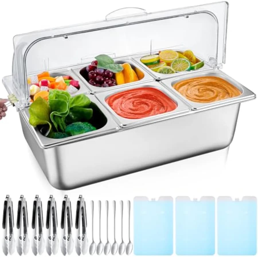 Set di 16 Contenitori Refrigerati per Alimenti, Spezie e Condimenti con Coperchio in Acciaio Inossidabile, per Esposizione su Bancone, per Insalate e Cibi Freddi