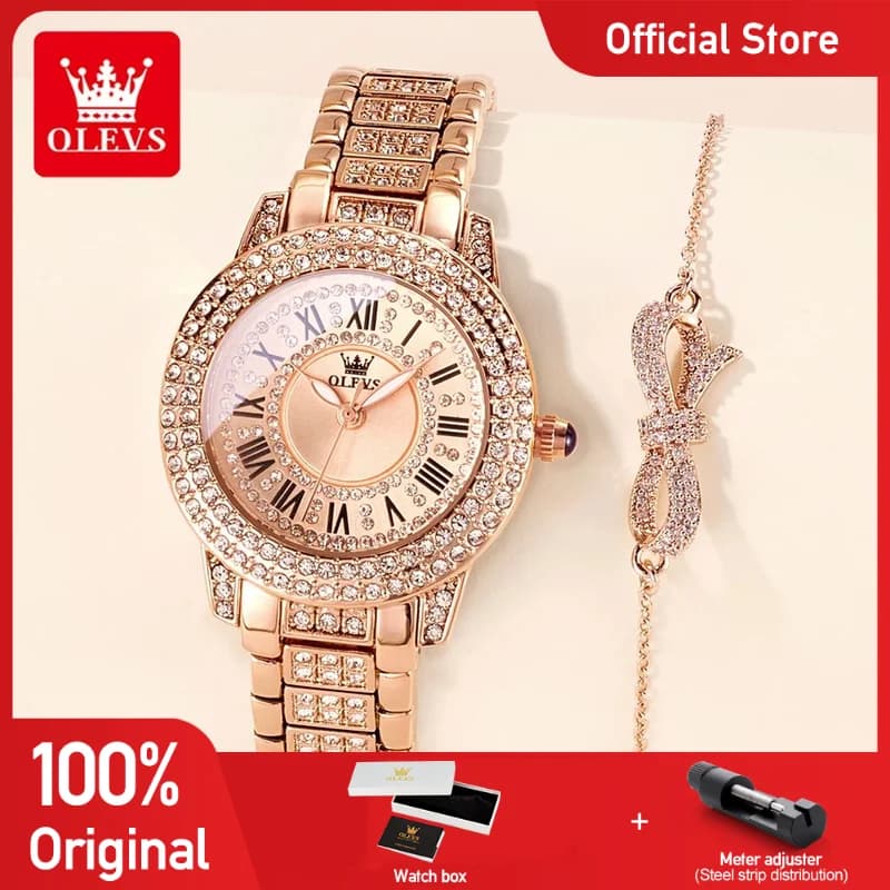 OLEVS 9943 Womens Watch Original Luxury Quartz Wristwatch Inlaid Zircon Dial Waterproof Ladies Watch Gifts Bracelet Set Reloj