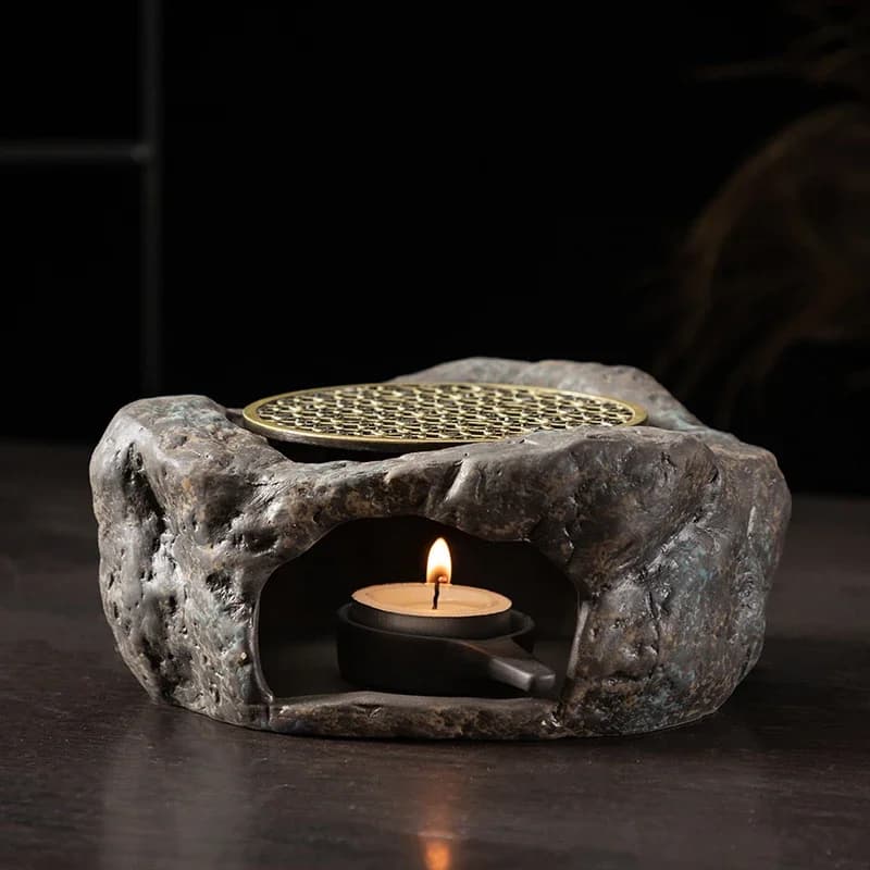 Candle warm tea base coarse pottery Kung Fu tea set retro style stone warm tea set household heating copper pad