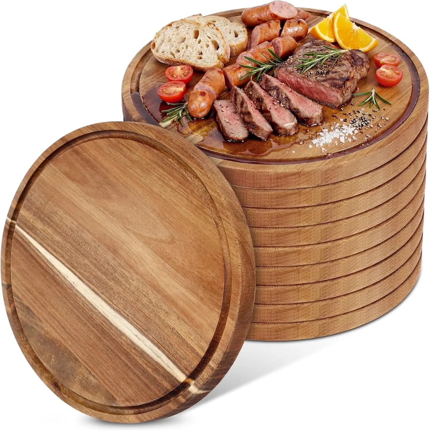 Set di 10 Taglieri Rotondi in Legno di Acacia, 35 cm con Scanalatura per Succhi, Vassoi Spessi da Cucina per Pane, Pizza e Carne