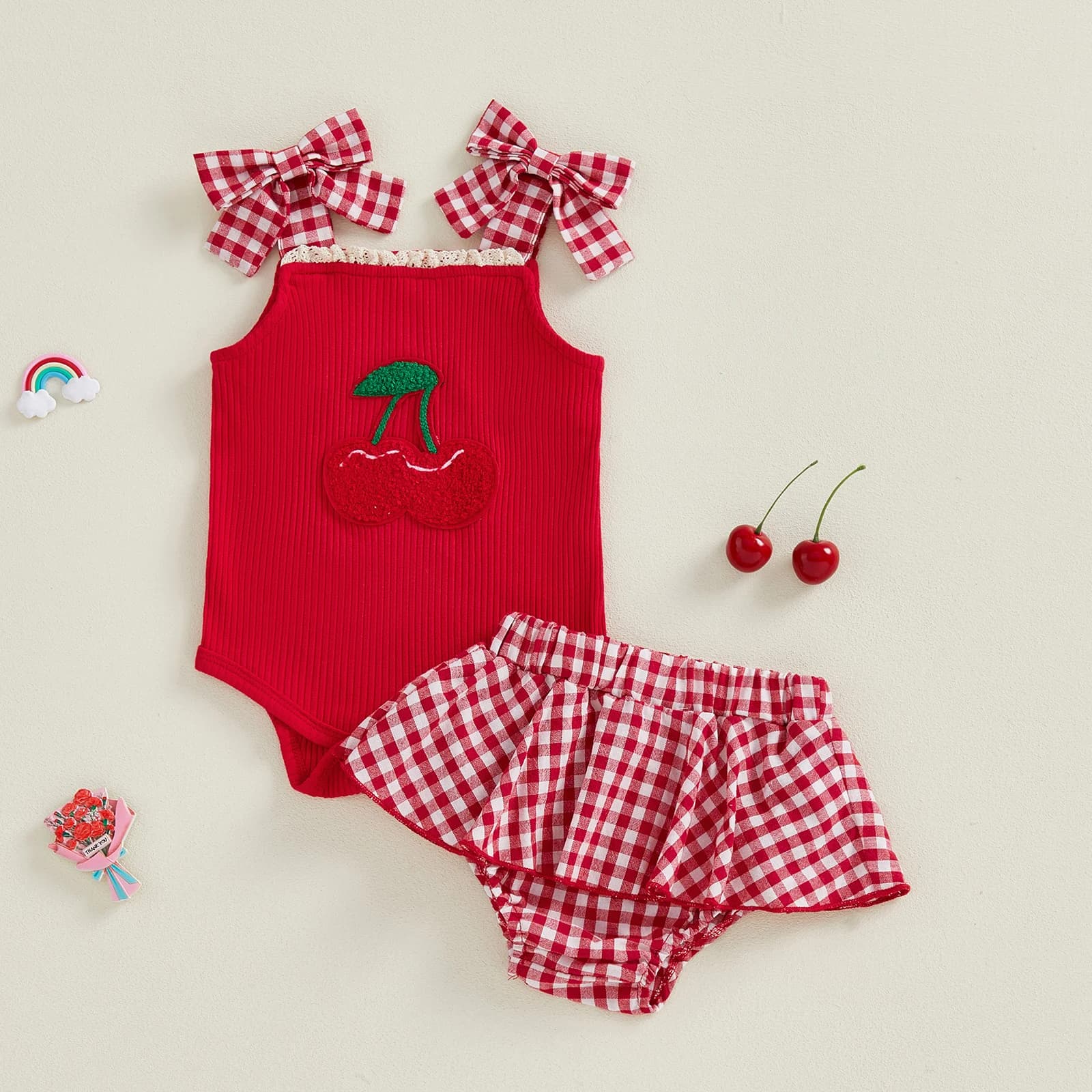 Estate infantile neonata plaid 2 pezzi vestiti vestito bambino ciliegia ricamo spalla senza maniche pagliaccetto una linea gonna vestito infantile