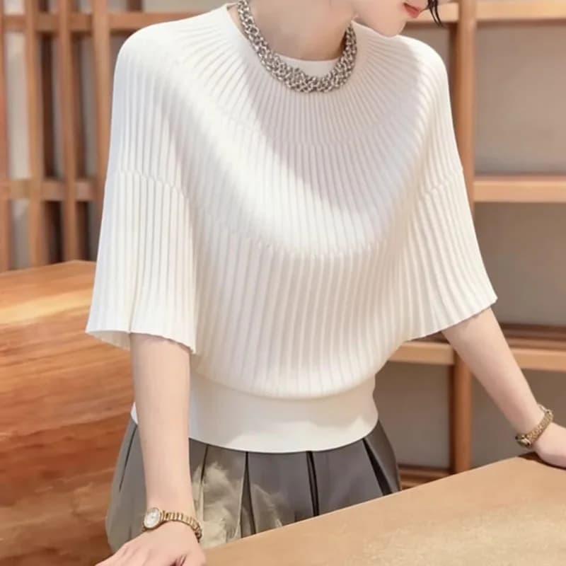 Abbigliamento Donna Estivo, Maglione Lavorato a Maglia con Collo Tondo, Nuovo Pullover Bianco a Maniche Corte, Top Donna 2026 Q3863