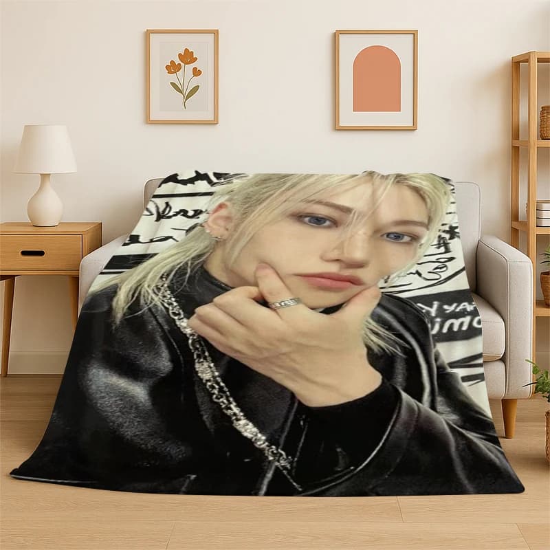 Kpop Felix Stray Kids Music Flannel Blanket Soft Warm Throw Blanket for Bedroom Living Room Bed Travel Camping Picnic Gift