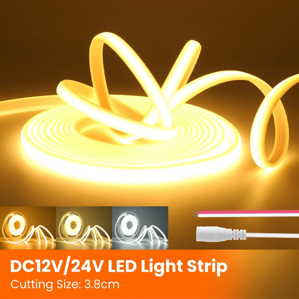 Striscia LED COB 12V 24V con Connettore DC/Cavo a 2 Pin, Nastro Flessibile ad Alta Luminosità 320 LED/m, Impermeabile IP67, per Decorazione Casa, 3000K 4000K 6000K