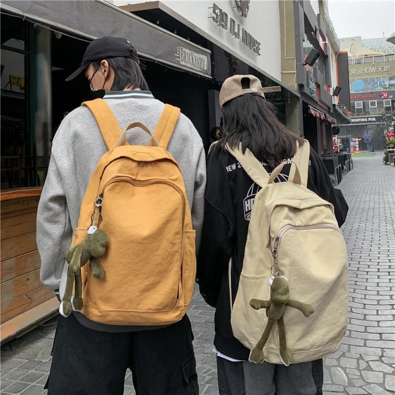 Unisex Canvas Backpack Color Large Capacity Teen School Bag Casual Harajuku Travel Daypack with Frog Doll Pendant
