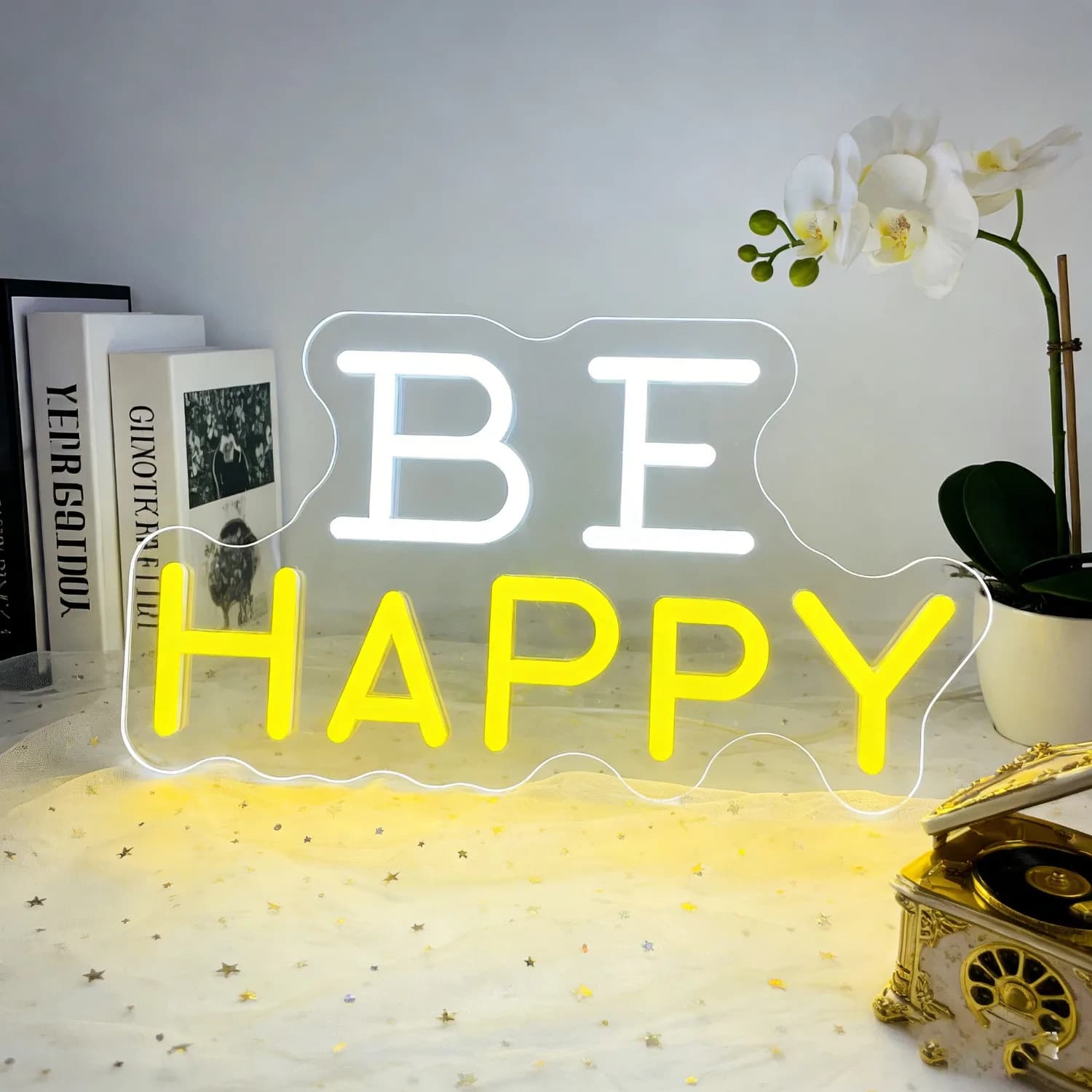 Insegna al Neon LED Dimmerabile USB 'Be Happy' per Camera da Letto, Soggiorno, Feste, Ufficio, Studio Yoga, Decorazione Murale