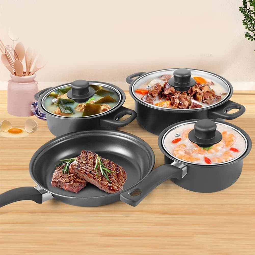 12Pcs Non Stick Cookware Set Milk Pot Maifan Stone Frying Pan with Lid Cooking Pot Set Stackable Pot Set for All Types of Cooker