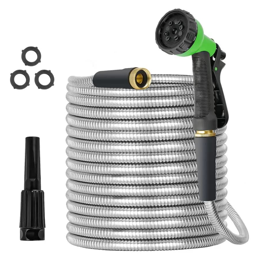 75-foot stainless steel garden pipe, super durable and flexible, with 3/4 inch brass fittings and spray nozzle, Kin