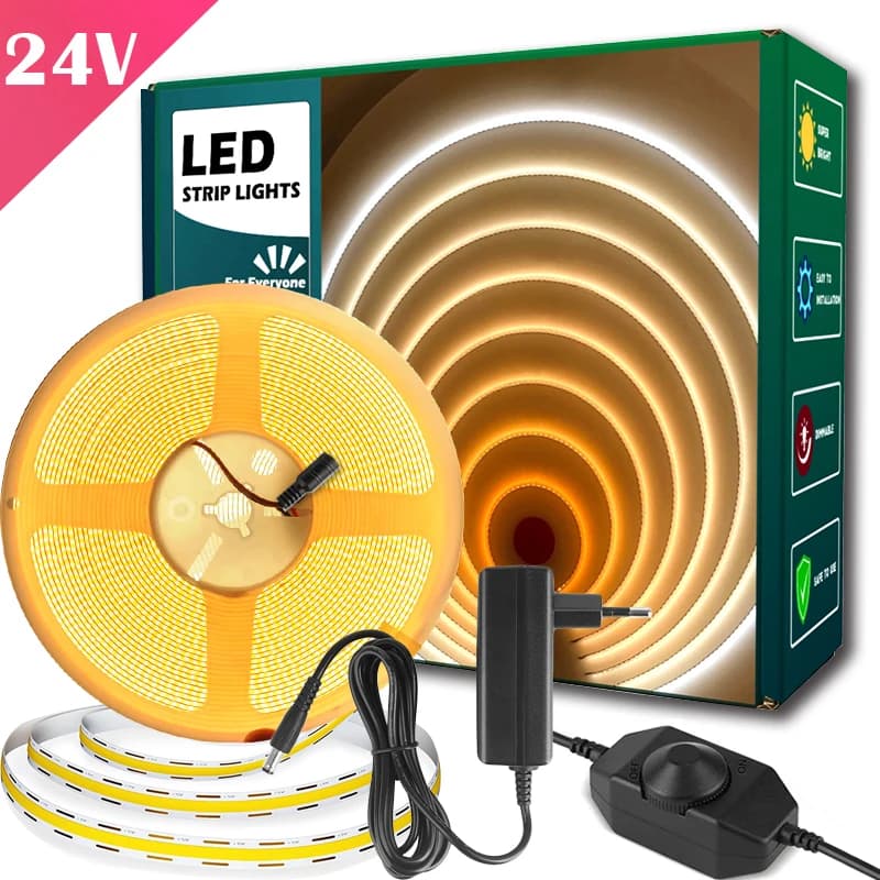 Strisce LED COB con adattatore di alimentazione, nastro LED 24V con dimmer, nastro LED COB flessibile, luce LED bianca calda