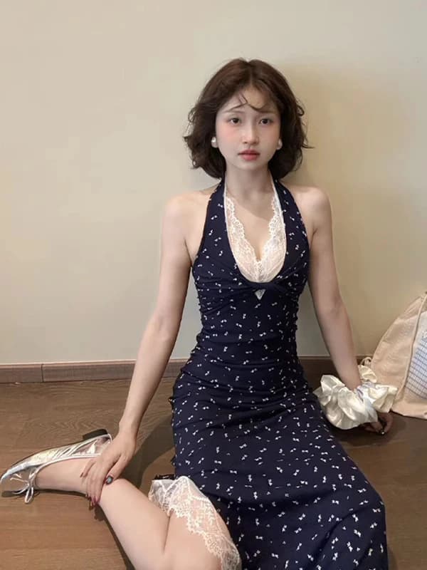 Abito lungo da donna coreano con pizzo e inserti floreali, a vita sottile, casual, con gonna a trapezio