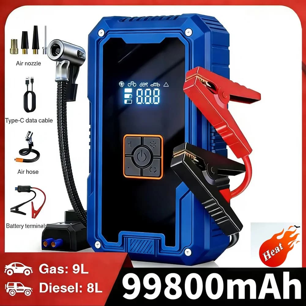 Avviatore di Emergenza per Auto 3000A 99800mAh con Gonfiatore Pneumatici 150PSI, 4 in 1, Booster Batteria Auto 12V, Power Bank Portatile, Luce LED