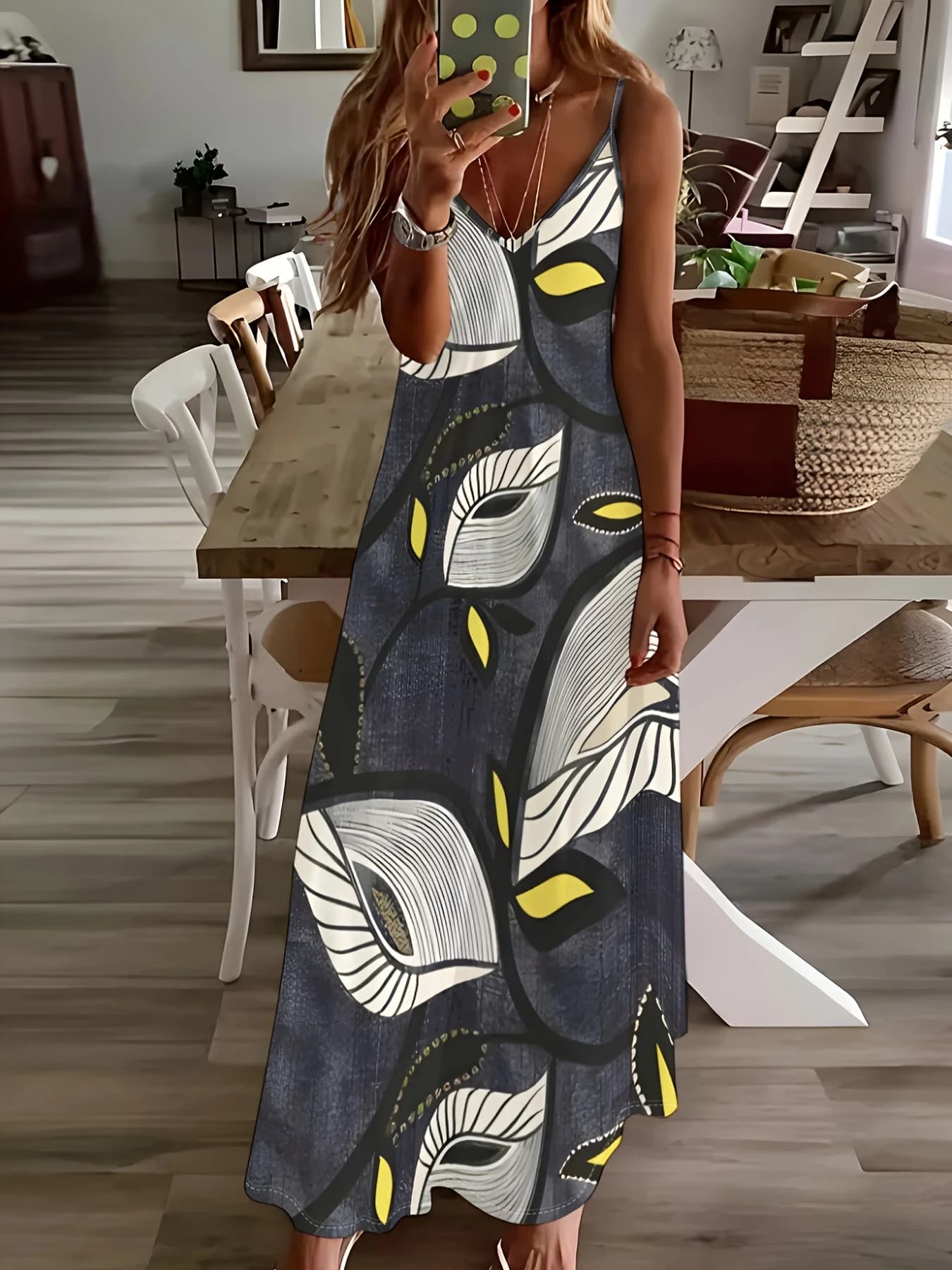 Printed Design Abstract Leaf Yellow White Blue Four Seasons elegant style casual style sling dress