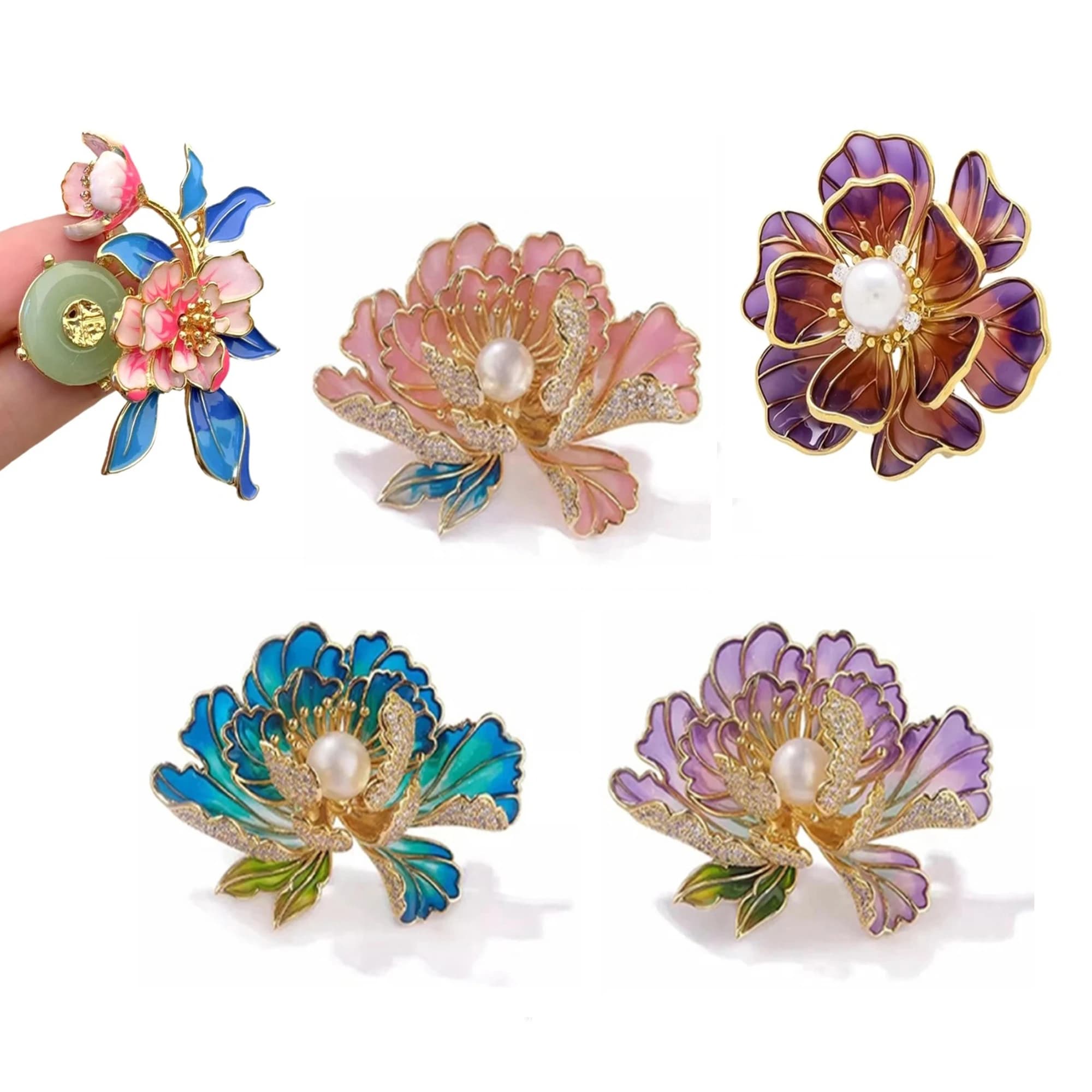 Women Girls Elegant Peony Flower Pearl Brooches Pins Exquisite Fashion Shirt Dress Backpack Suits Hat Pins Corsage Gifts