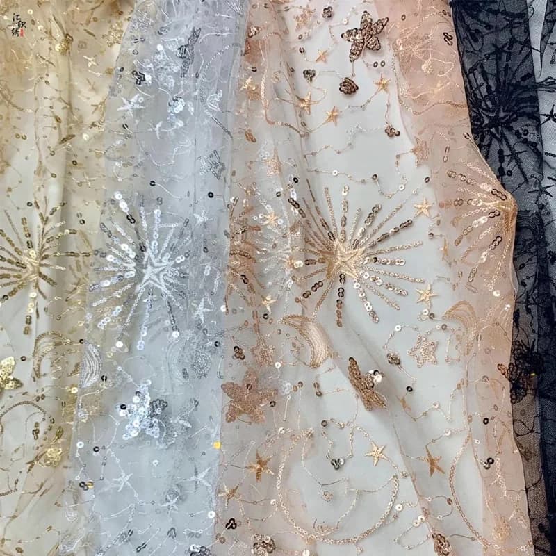 Stars Moon Sequin Gauze Lace Fabric Dress Sheer Sequin Dress Fashion Designer Fabric Wedding Lace Decoration Custom DIY