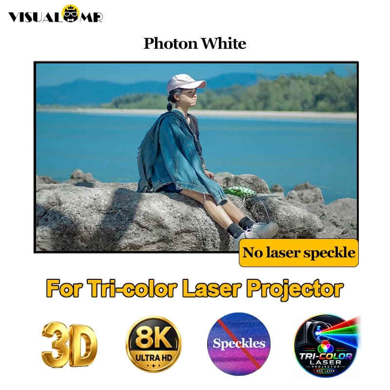 Photon White Fixed Frame Projection Screen for Tri-color Laser Projector Laser Speckle Free 4K 8K HDR Long Throw Home Theater